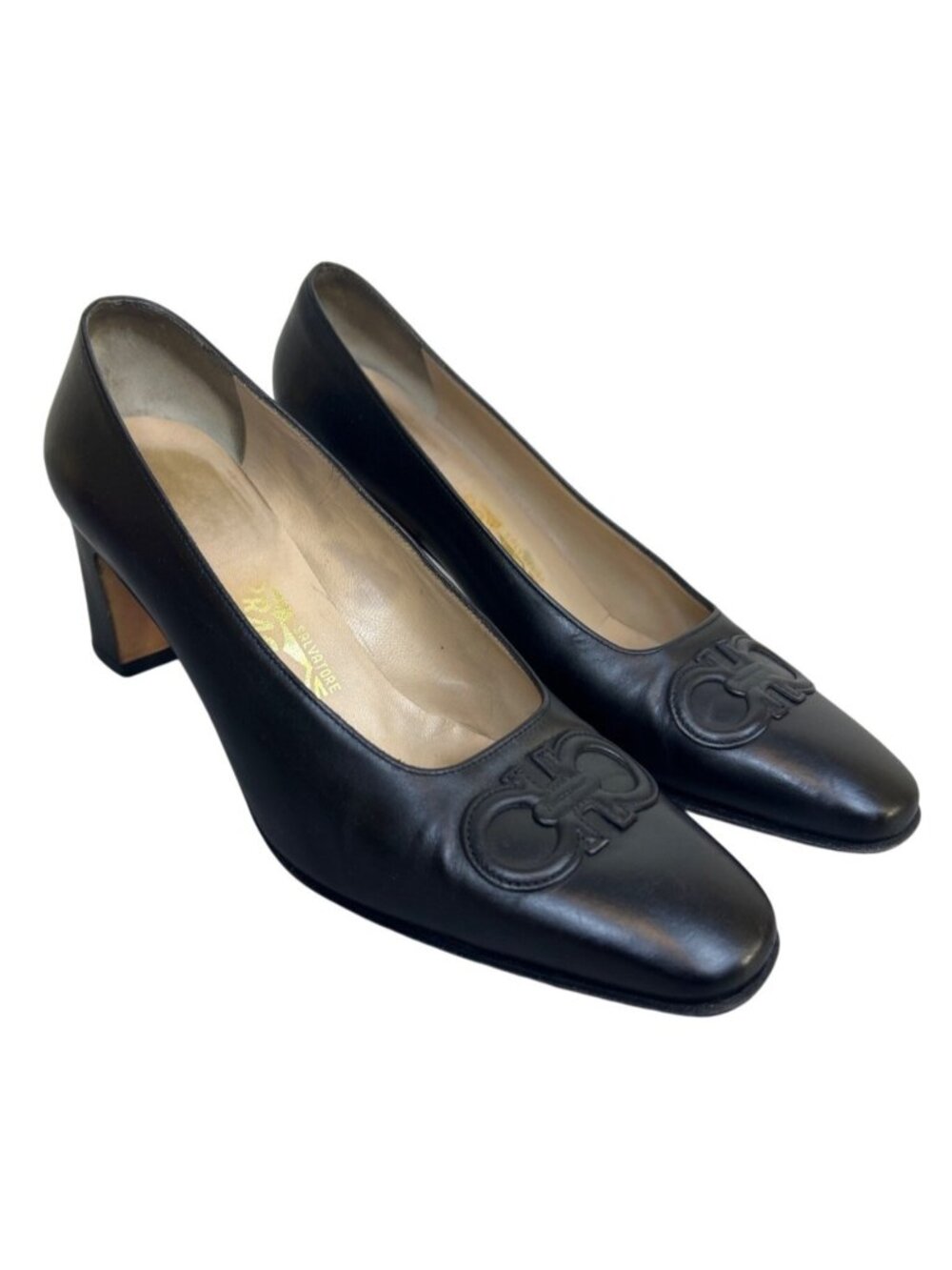 Vtg Salvatore Ferragamo Black Leather Gancini Logo Block Heel Pumps 7.5C Italy